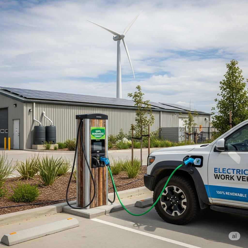 Electric vehicle charging station with an electric work vehicle and wind turbine in the background.